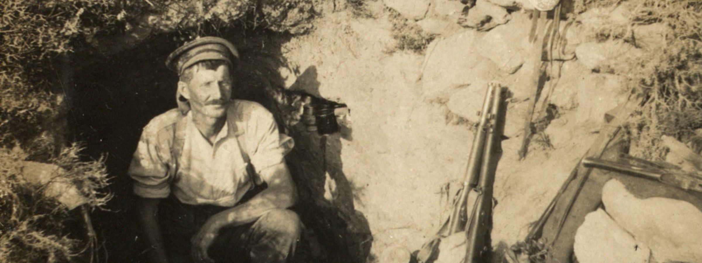 A photo of the Bivvy shared between 9/803 Corporal Curll Alexander Gordon Catto and 9/337 Trooper William Parlane (pictured), No 2 Outpost, Gallipoli.